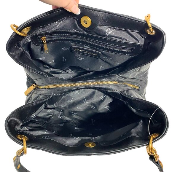 Betsey Johnson Black Heart Quilted Satchel Handbag Purse With Pink Bear Charm - Picture 8 of 12